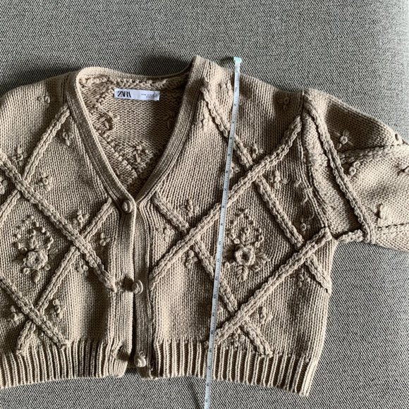 BLOGGER NEW ZARA Women Chunky Floral Sweater Cardigan 1957/104, Tan/Mink, Size S - Picture 9 of 10